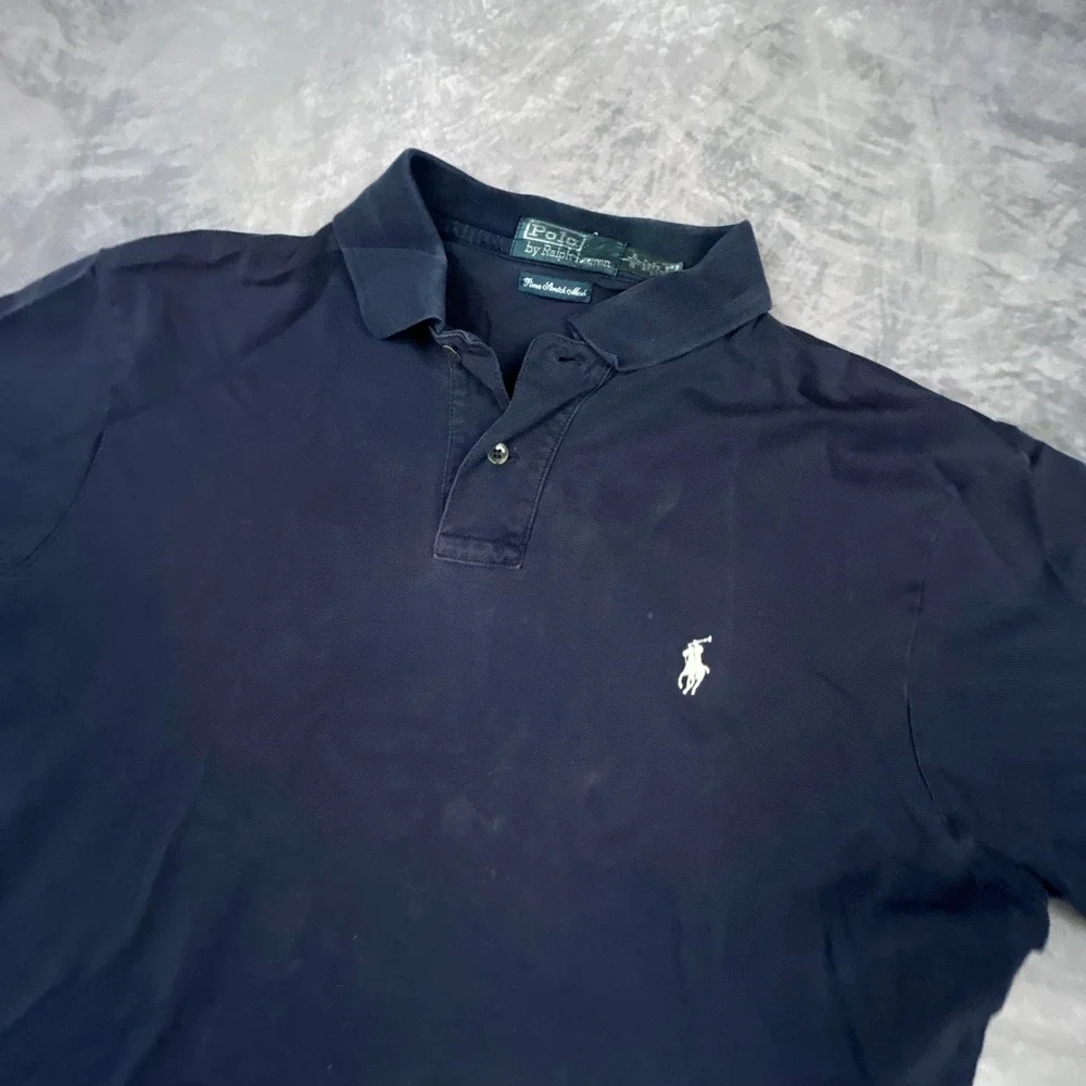 Polo Ralph Lauren Mens Large Navy Blue‎ Pima Stretch Mesh Polo Shirt Custom Fit